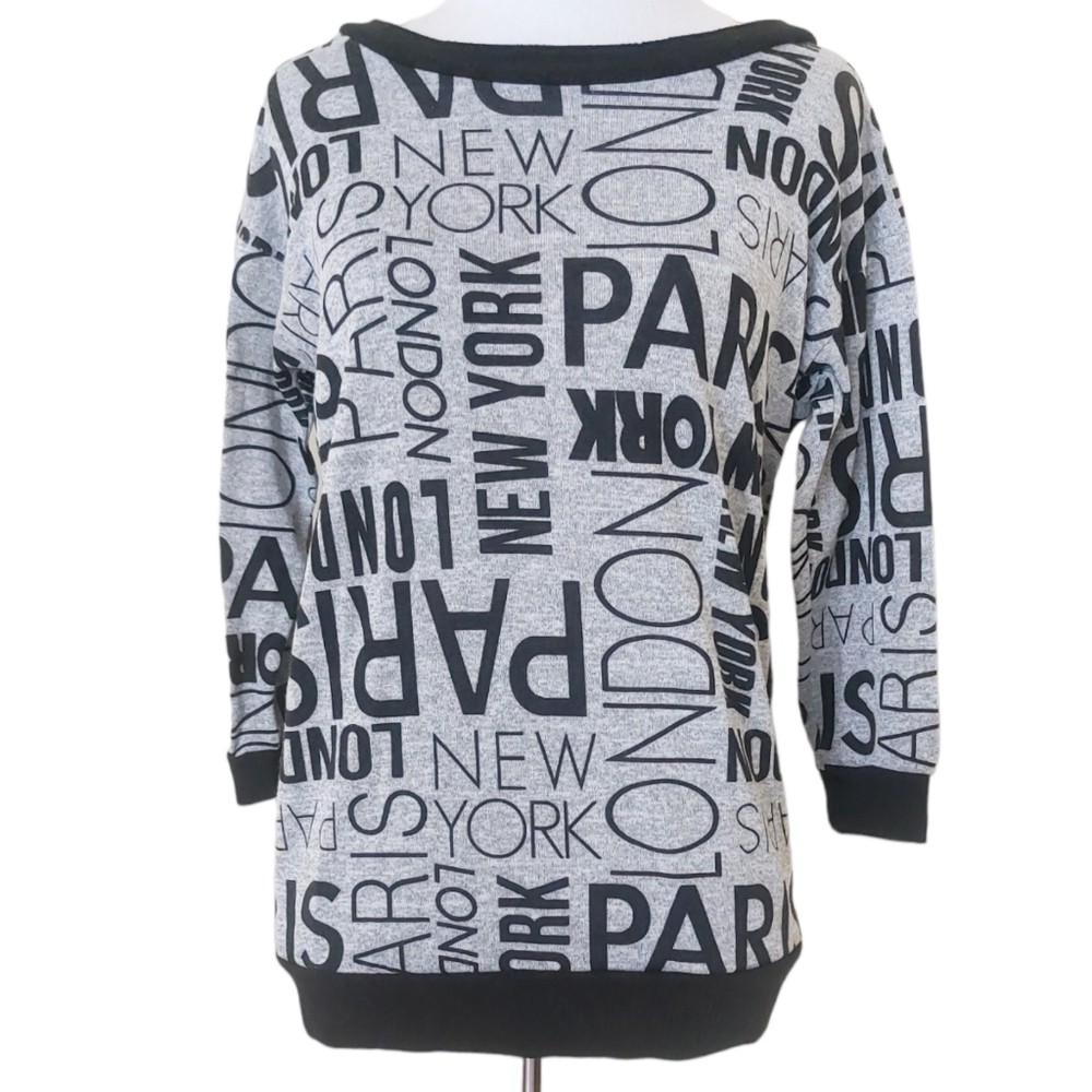 Almost Famous Black & Grey London New York All Over Script Lightweight Sweater